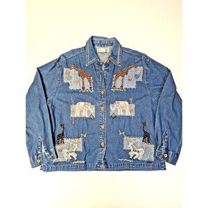 Vintage Dressbarn Elephant Patchwork Top Button Up Long Sleeve Size Large Denim
